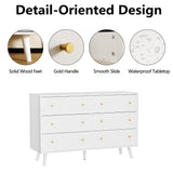 White 6 Drawer Dresser for Bedroom, Modern Dresser with Gold Handle