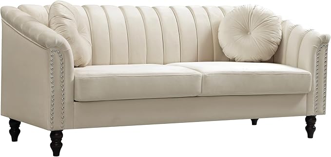 Sectional Sofa Set, Microfiber Chesterfield Upholstered Sofas Loveseat Couch Chair Sets with Style Button Tufted, Scroll Arms and Nailhead for Living Room, Office, Apartment, White,C