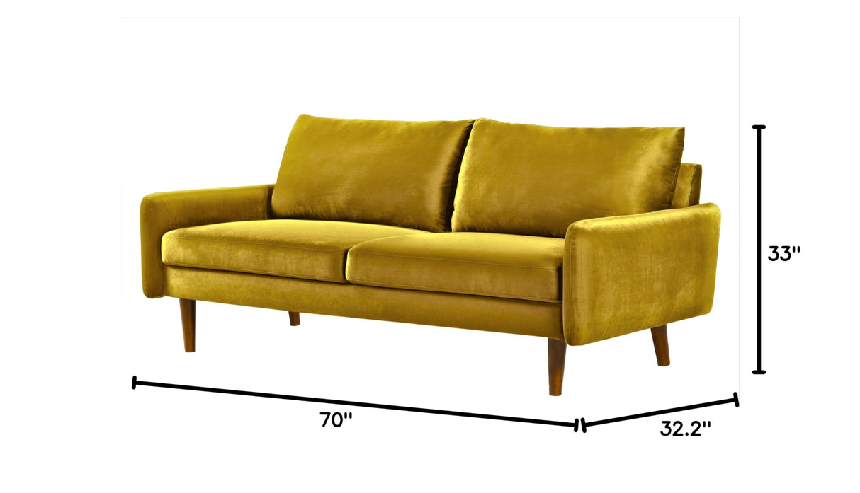 Furniture Kent Modern Velvet Sofa, Comfortable 3 Seater Couch for Living Rooms and Small Spaces, Ideal Studio Apartment Furniture with Sleek Design, Golden Yellow