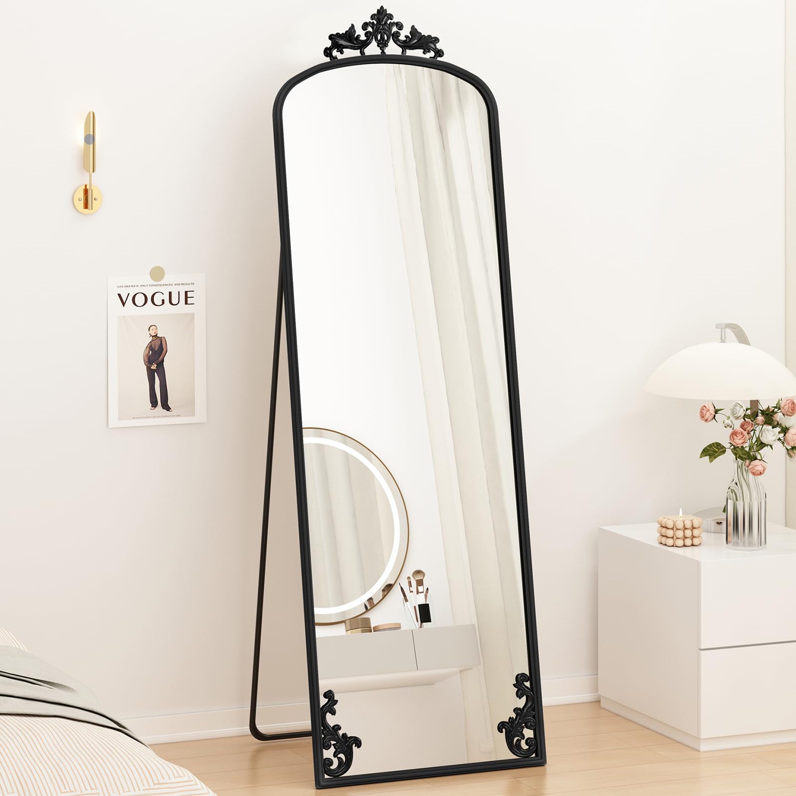 Arched Full Length Floor Mirror 65" x 21" - Black Metal Frame with Stand