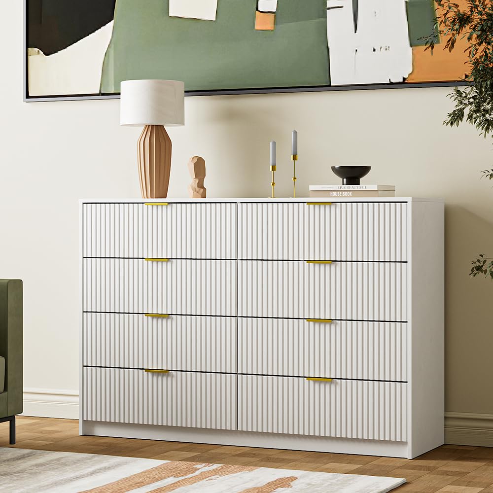 White Dresser for Bedroom, 8 Drawer Double Dresser, Modern Chest of Drawers for Bedroom, Living Room, Entryway and Closet, 55" L x 15.7" D x 37.4" H