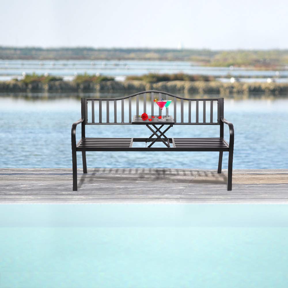 59" Outdoor Metal Bench Patio Bench with Built in Table Park Bench Garden Bench