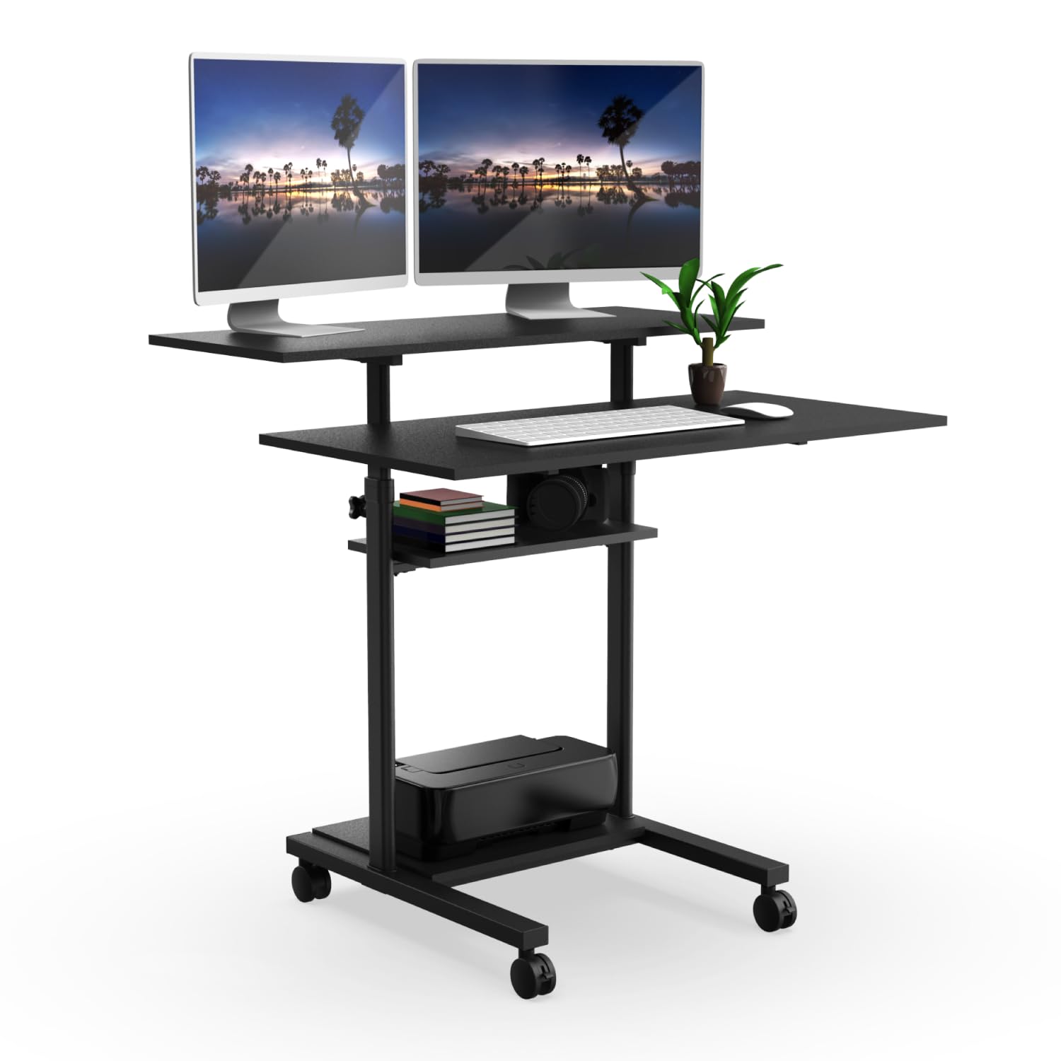Mount-It! Mobile Desk Workstation 40 Inch Wide Large Rolling Computer Desk is Height Adjustable to 64 Inches, Sit Stand Computer Cart with Multi Level Shelves on Wheels in Black