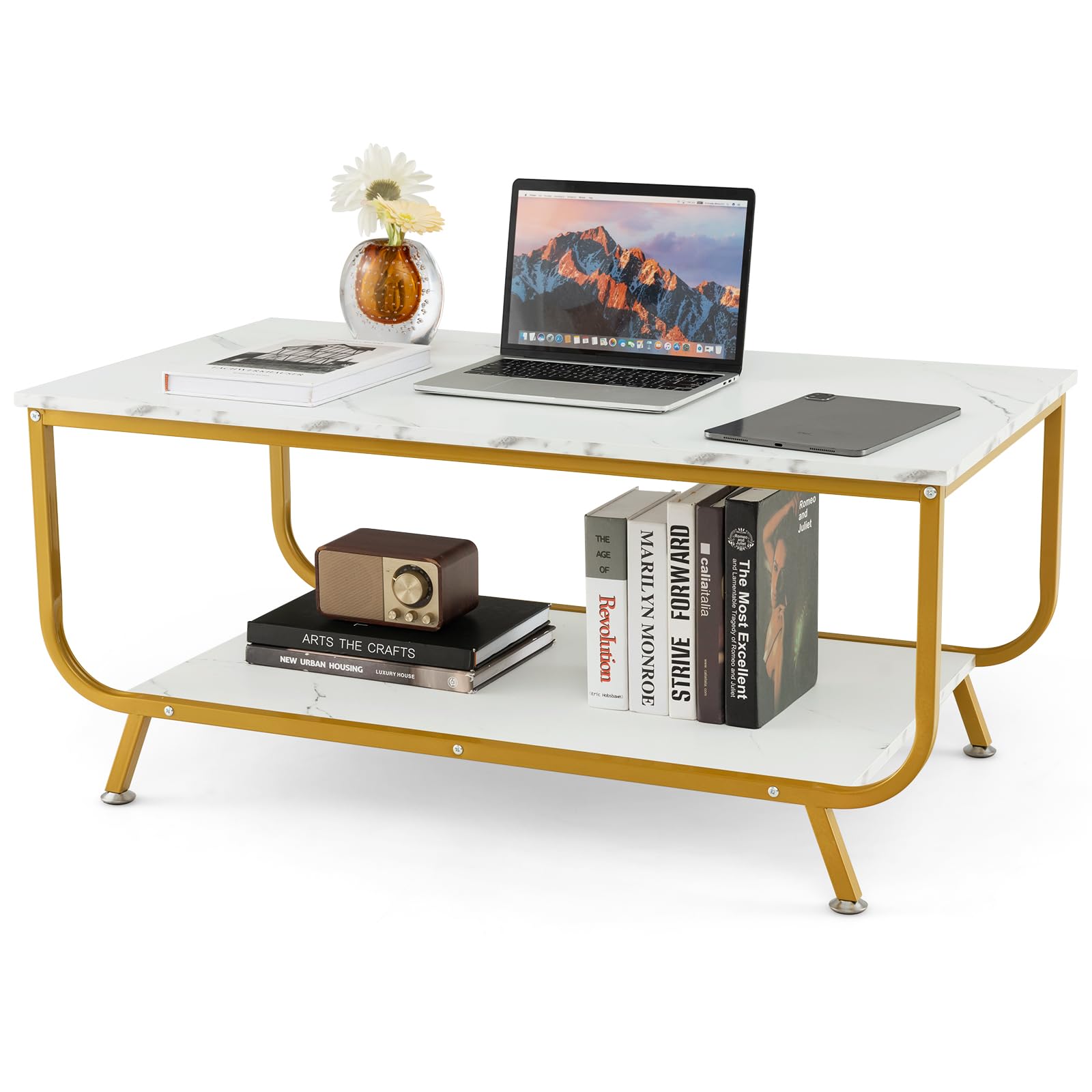 2-Tier Coffee Table, Rectangular Center Cocktail Table with Faux Marble