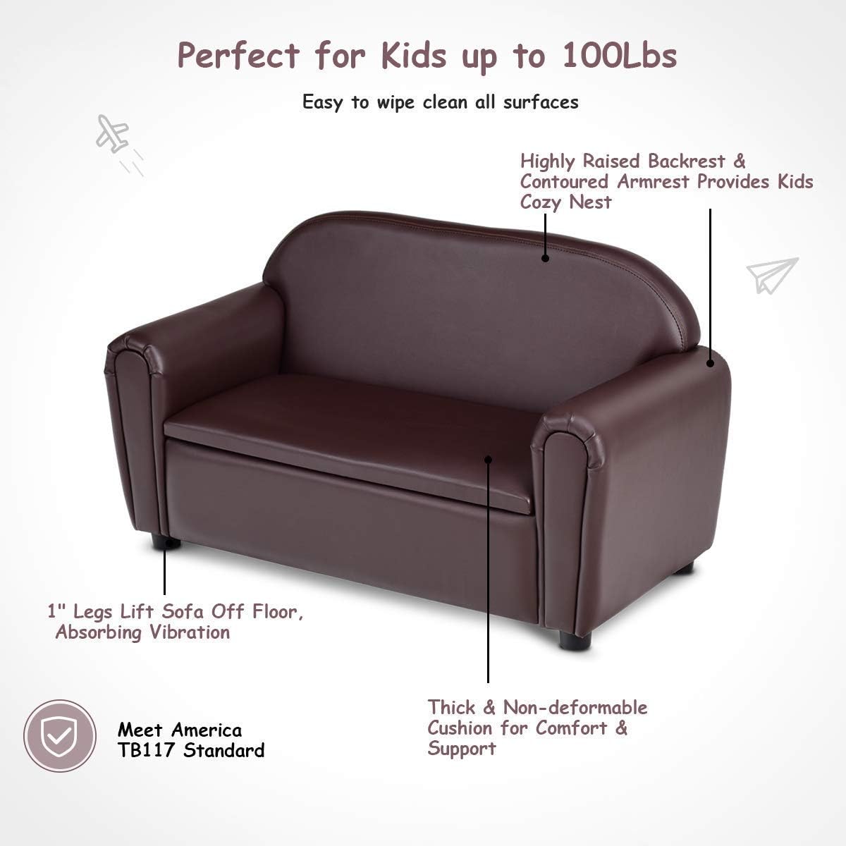 Couch, 2 in 1 Double Seat Children's Sofa w/Under Seat Storage, PU Leather Surface,