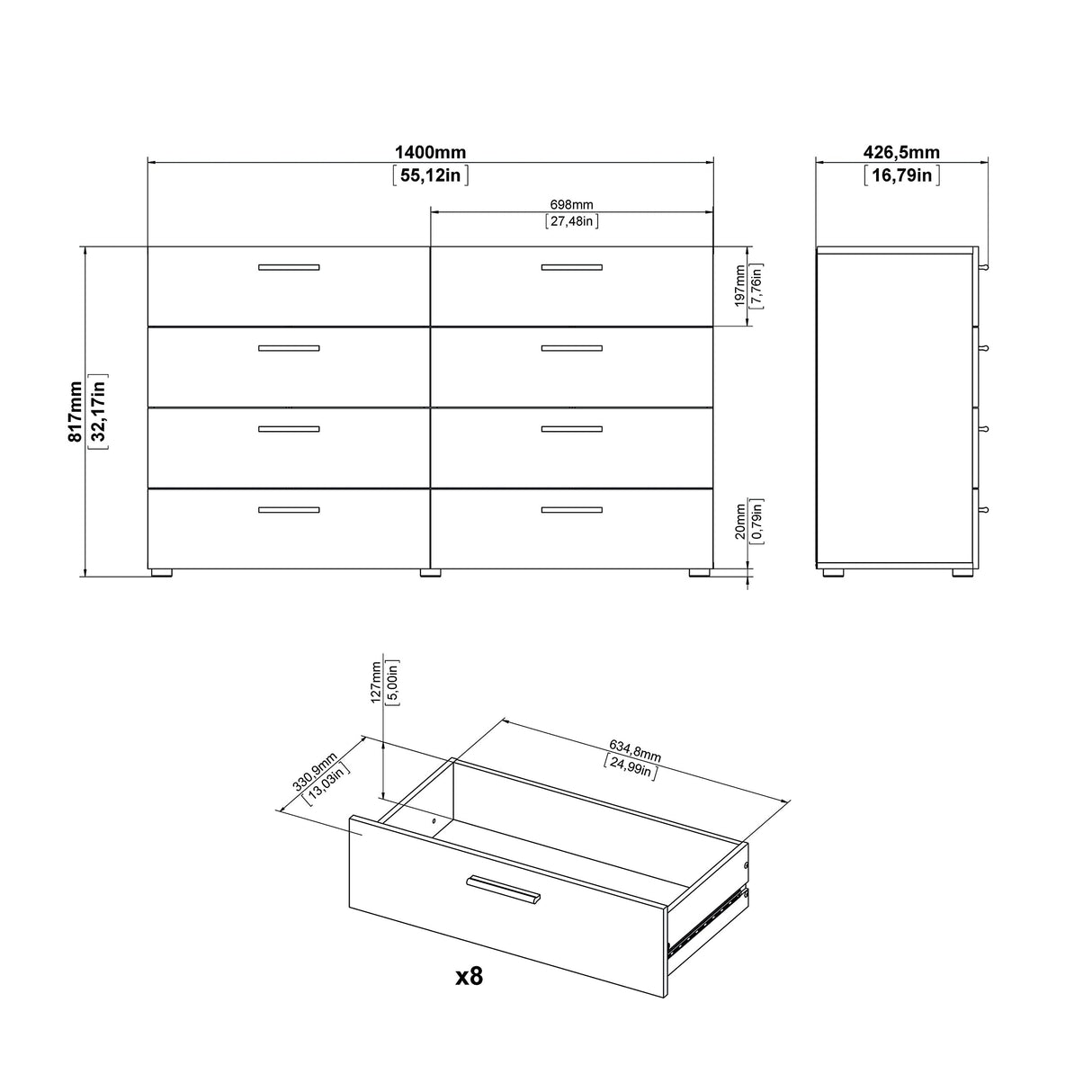 Tvilum Austin 8 Drawer Double Dresser, Truffle