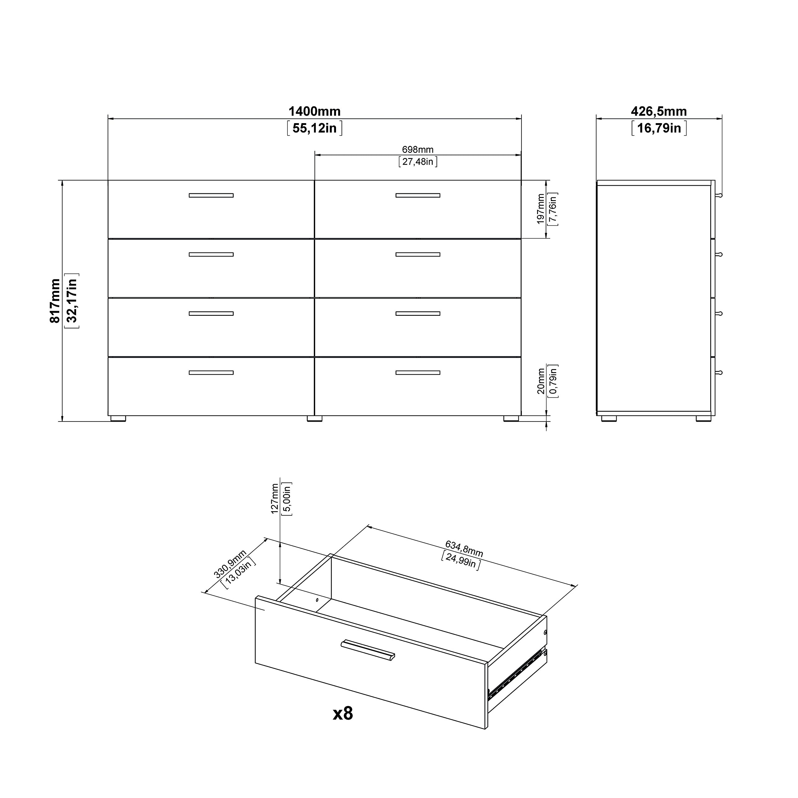 Tvilum Austin 8 Drawer Double Dresser, Truffle