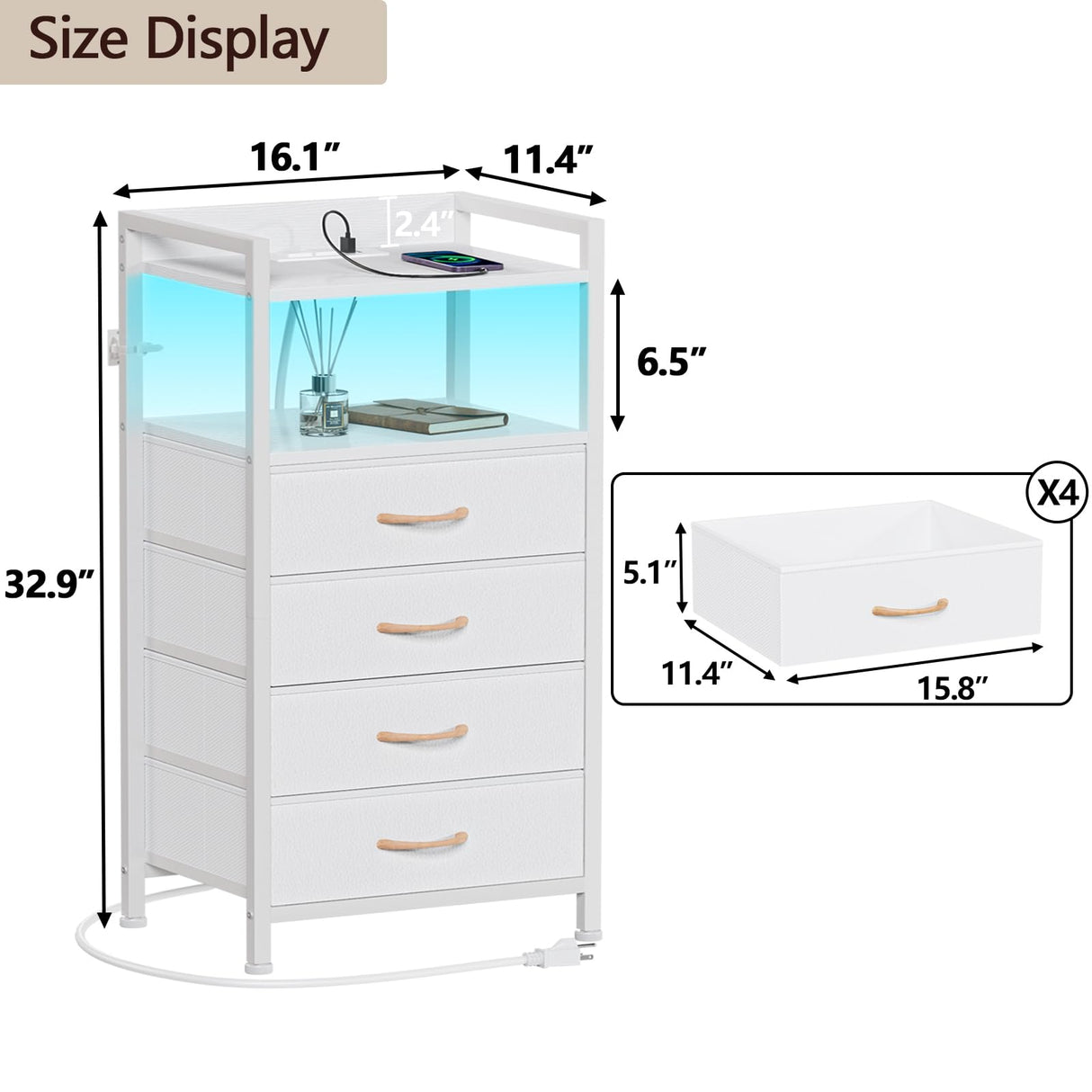 White Nightstand with 4 Storage Drawer, Tall Dresser for Bedroom