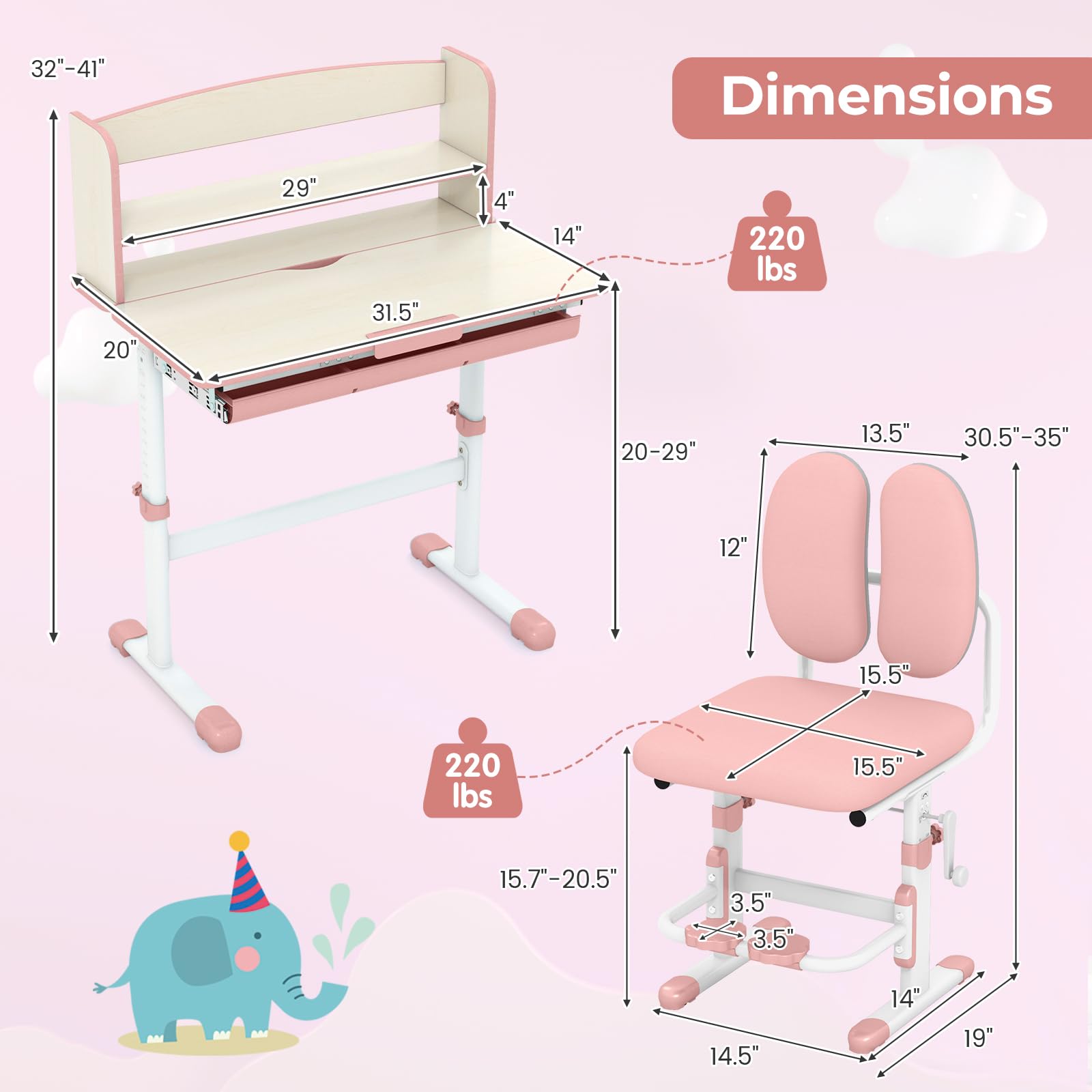Kids Desk and Chair Set, Height Adjustable Children School Study Table
