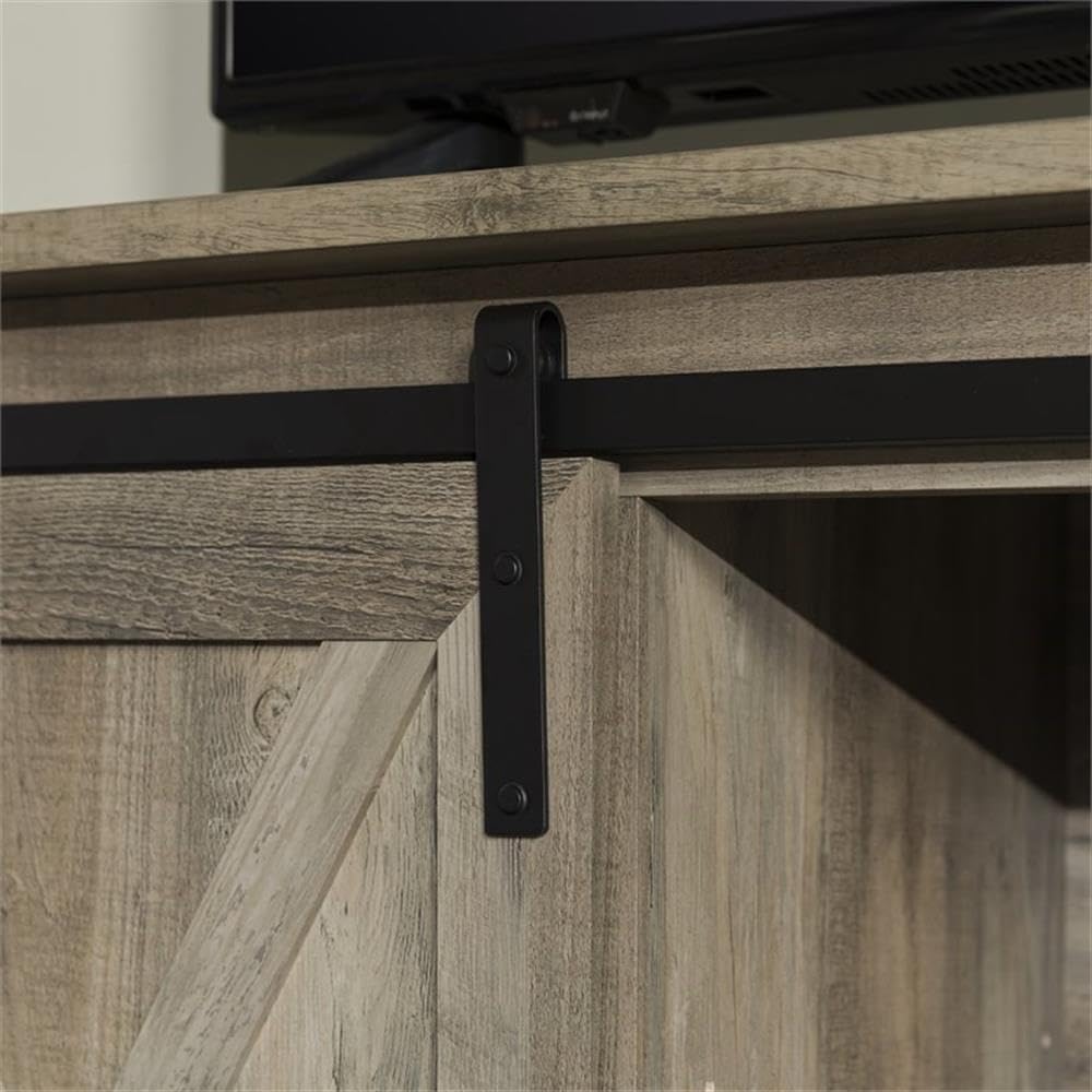 Farmhouse Wood Corner TV Stand for TVs up to 52" with Sliding Barn Doors, 3 Adjustable