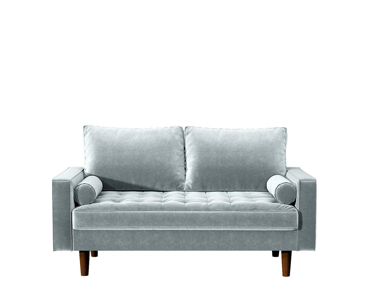 Womble 58 Inch Velvet Loveseat Sofa with Elegant Button Tufted Upholstery, Square Arms, Splayed Wood Legs, Includes Matching Bolster Pillows, Steel Blue