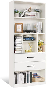 White Bookshelf, 71" Tall Bookcase with 2 Drawers, Wooden Bookcases 4-Tier Open Shelves