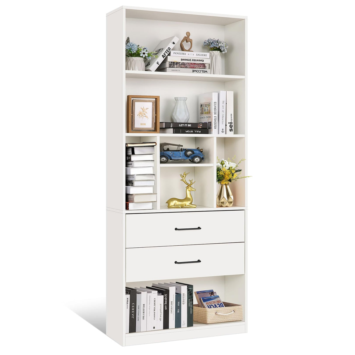 White Bookshelf, 71" Tall Bookcase with 2 Drawers, Wooden Bookcases 4-Tier Open Shelves
