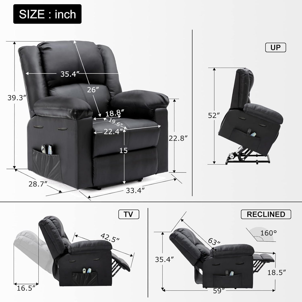 Power Lift Recliner for Elderly, Lift Chair with Heat and Massage，PU Recliner Sofa