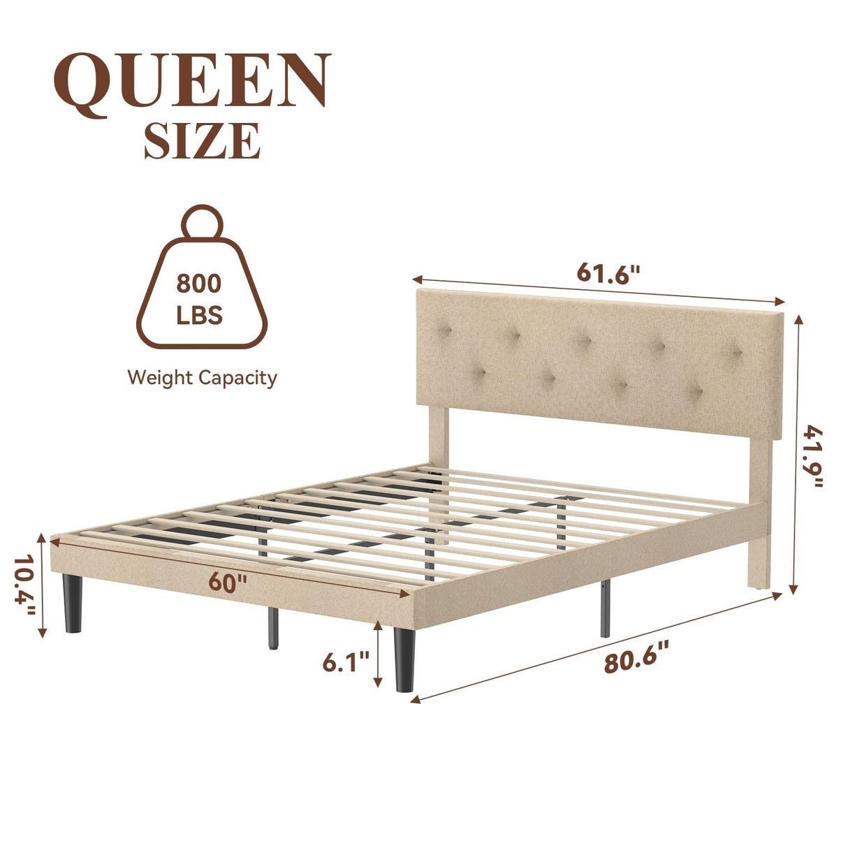 Queen Size Platform Bed Frame with Fabric Headboard, Strong Wooden Slats,