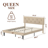 Queen Size Platform Bed Frame with Fabric Headboard, Strong Wooden Slats,