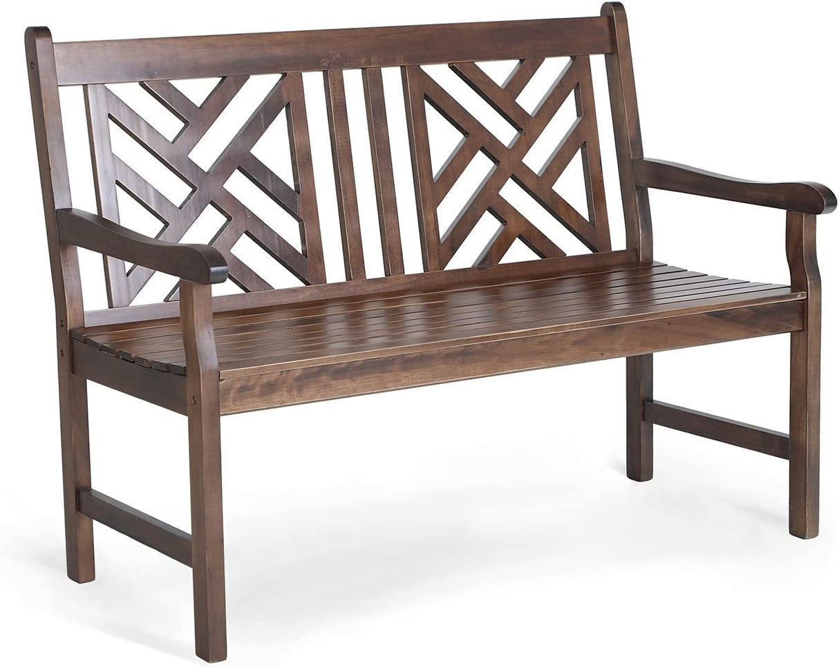Outdoor Acacia Wood Garden Bench with Backrest and Armrest, 2-Person Slatted Seat Bench