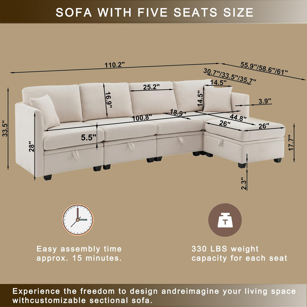 Modular Sectional Sofa,U Shaped L Shaped Sectional Couch with Storage 5 Seats,