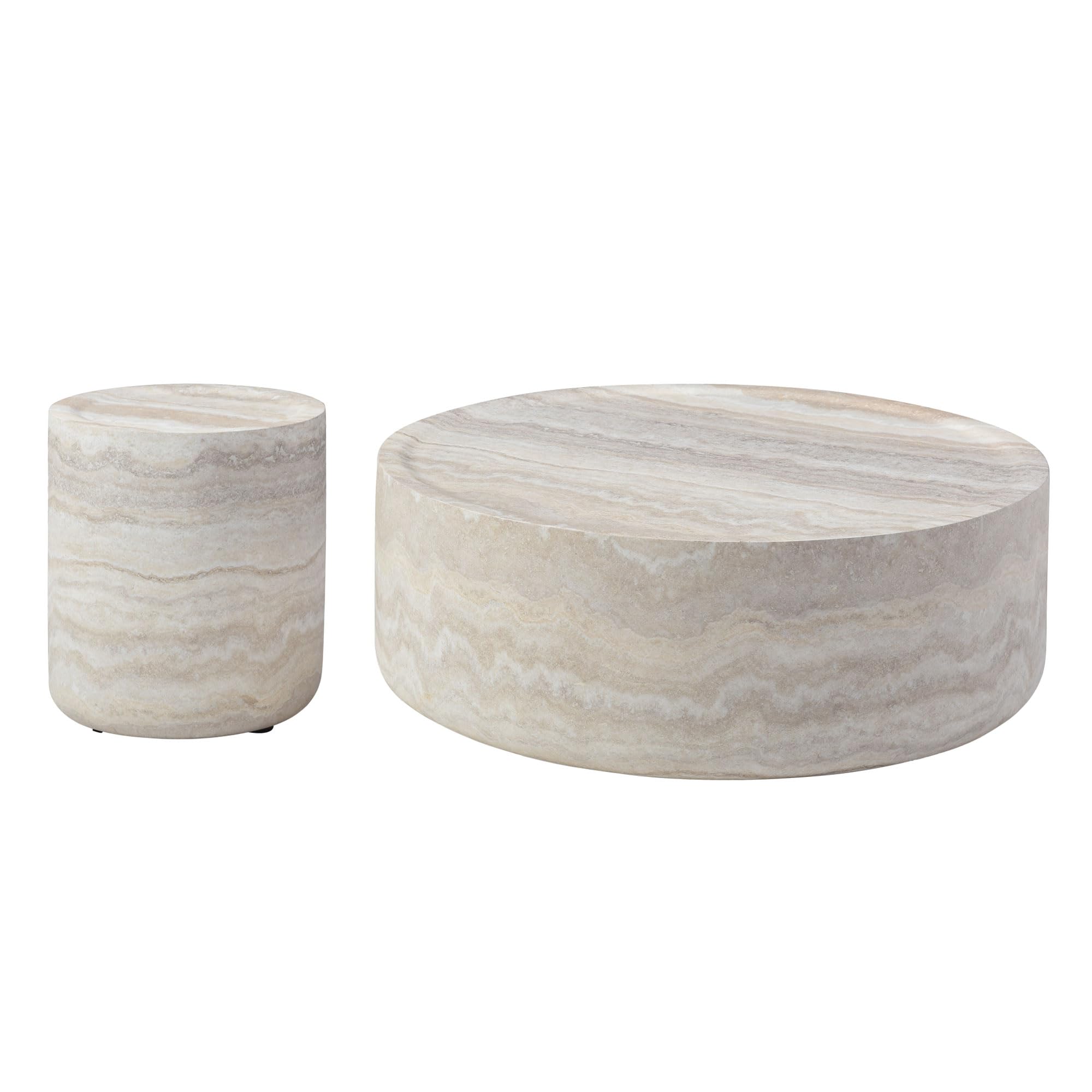 Coffee Table Set of 2, Faux Marble Side Table Round Tea Table Faux Travertine Textured