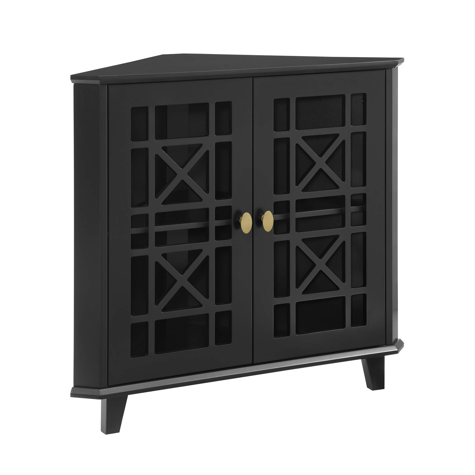 Ronne 2 Door Corner Accent Table with Fretwork Detail, 32 Inch, Black