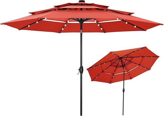 10ft 3 Tier Solar Patio Umbrella, Outdoor Market Umbrellas with 24 LED Lights