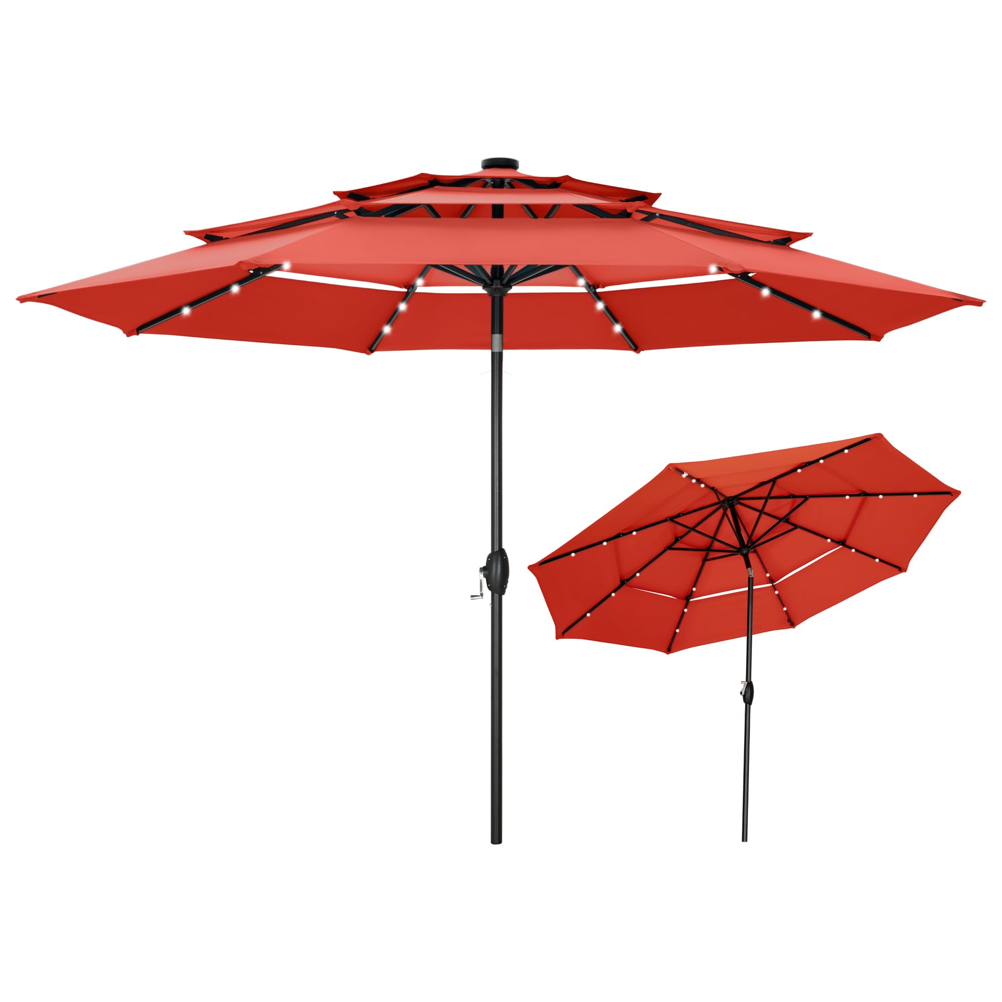 10ft 3 Tier Solar Patio Umbrella, Outdoor Market Umbrellas with 24 LED Lights, Auto-tilt