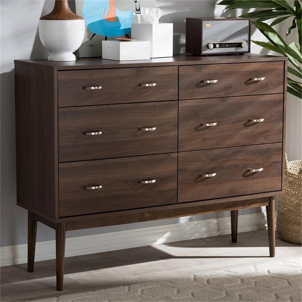 Mid-Century Modern Walnut Brown Finished 6-Drawer Dresser