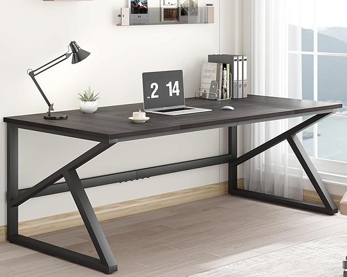 Long Desks for Home Office, Large Metal Wooden Computer Desk for 2 Monitors