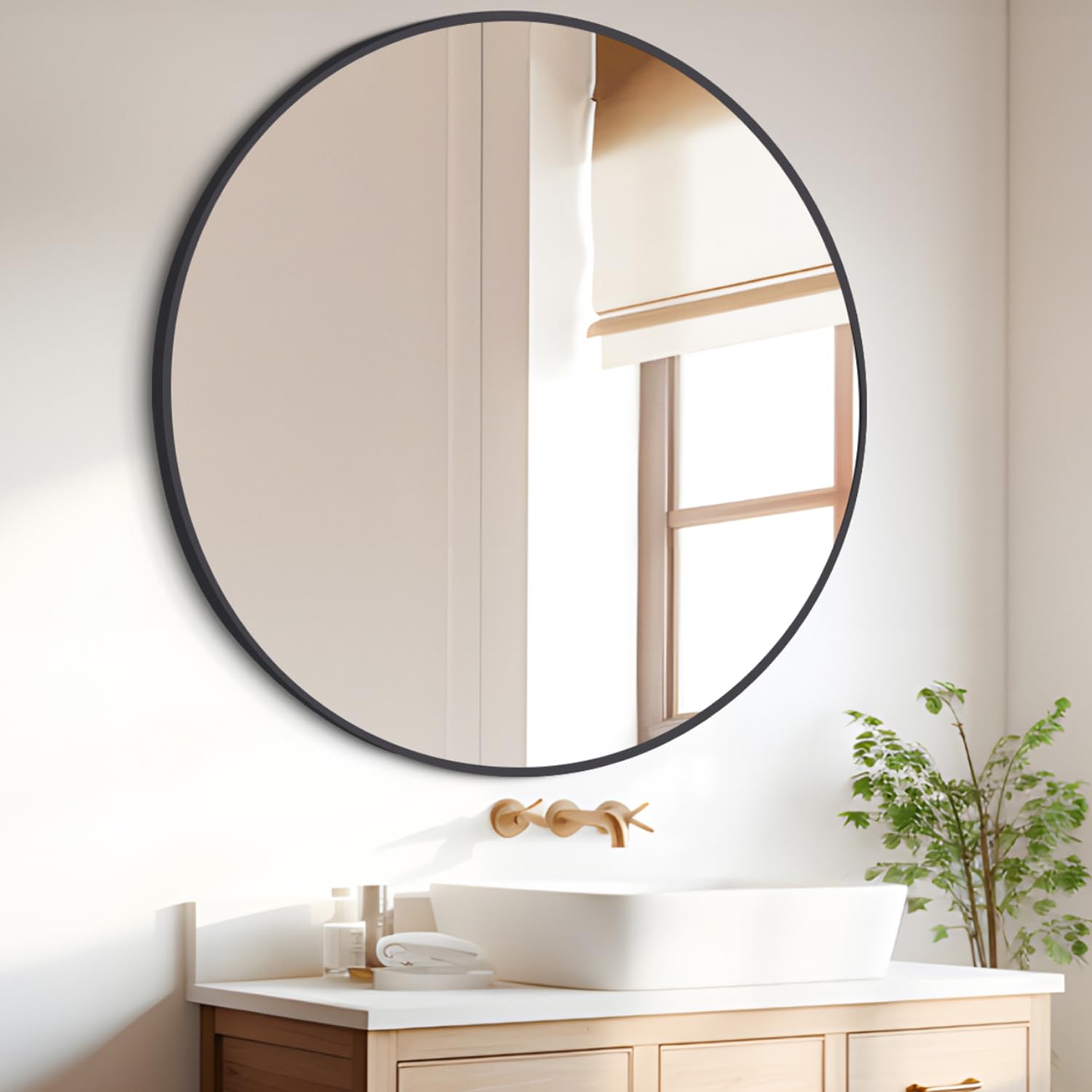 42" Large Round Mirror, Black Circle Mirror for Wall, Metal Framed Round Mirror