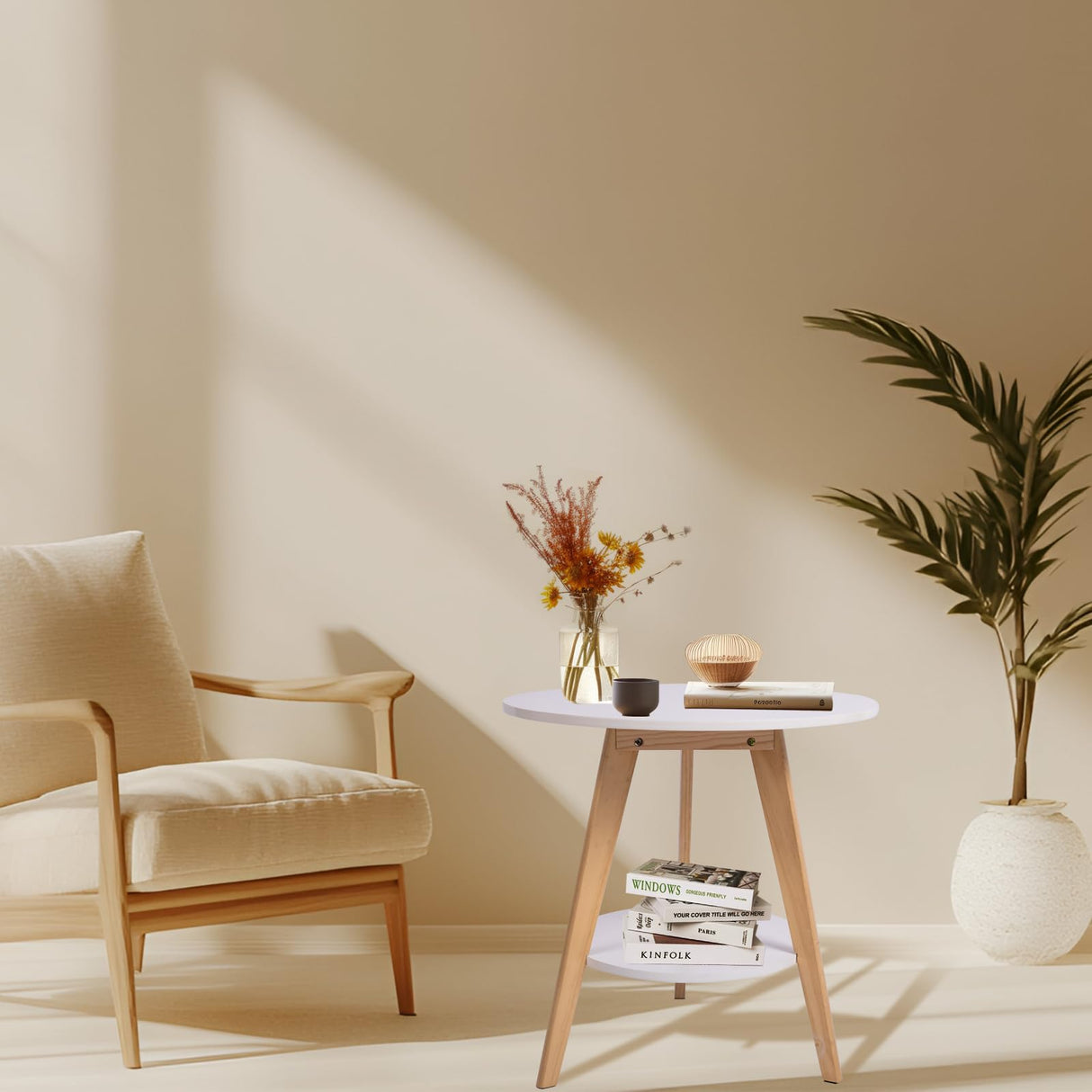 Round Wooden Coffee Table, 2-Tier Modern Minimalist Design