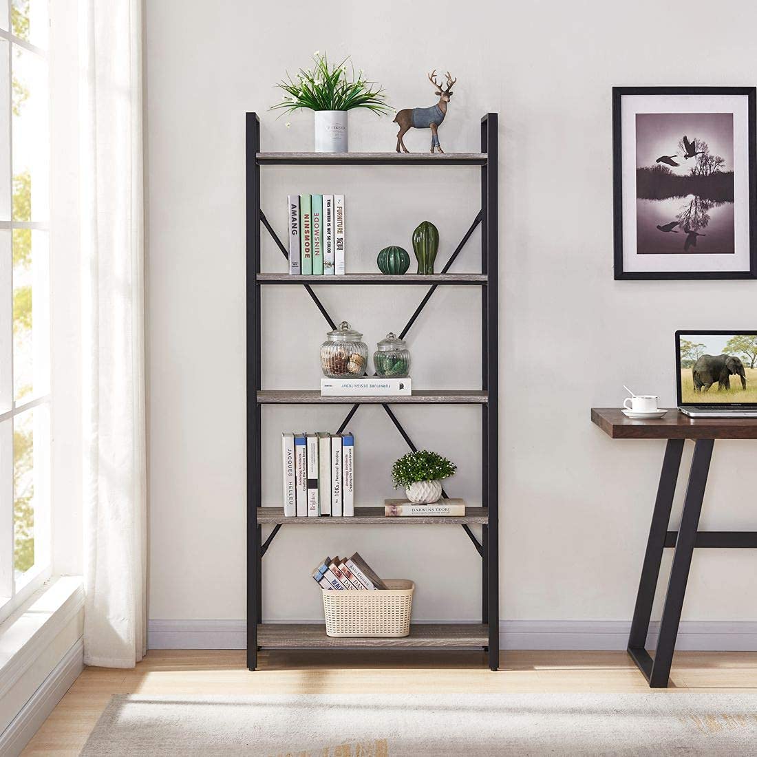 BON AUGURE Industrial Bookshelf, Etagere Bookcases and Book Shelves 5 Tier, Rustic Wood and Metal Shelving Unit (Dark Gray Oak)