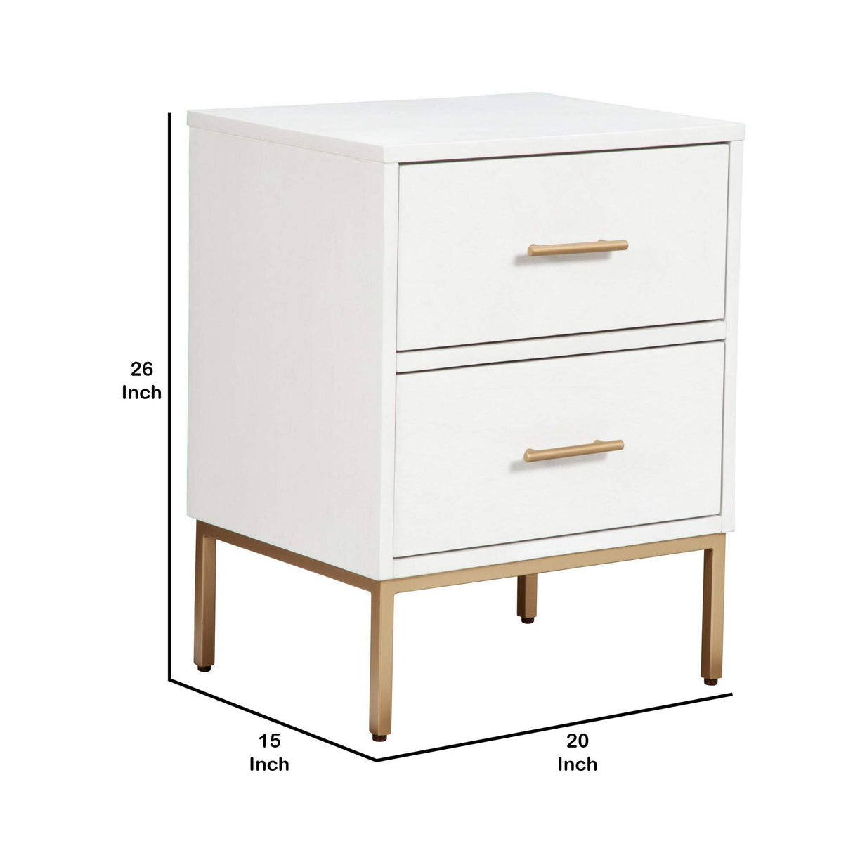 26 Inch 2 Drawer Wooden Nightstand with Metal Base, White