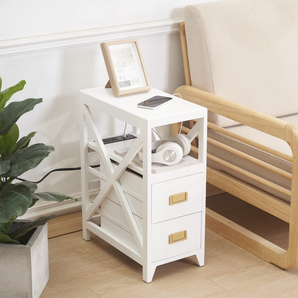 Fully Assembled Narrow Side Table with Charging Station, No Assembly Narrow Nightstand