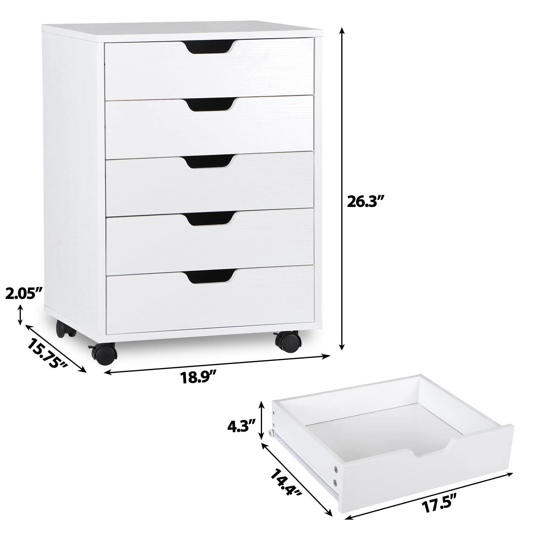 5 Drawer Chest Storage Cabinet Dresser, Wood Nightstand, Mobile Organizer