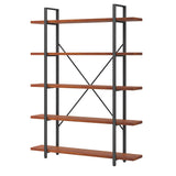 HSH Solid Wood 5 Shelf Bookshelf, Industrial Real Natural Wood Tall Etagere Bookcase, Modern Large Open Wide Big Metal Book Shelf with 5 tier Storage for Bedroom Living Room Home Office, Rustic Brown