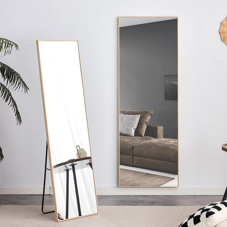 Full Length Mirror, Hanging Or Leaning Against Wall with Stand Solid Wood Frame, Floor Mirror for Bedroom Living Room Dressing Room Home Office Decoration Light Oak 60" *17.3"