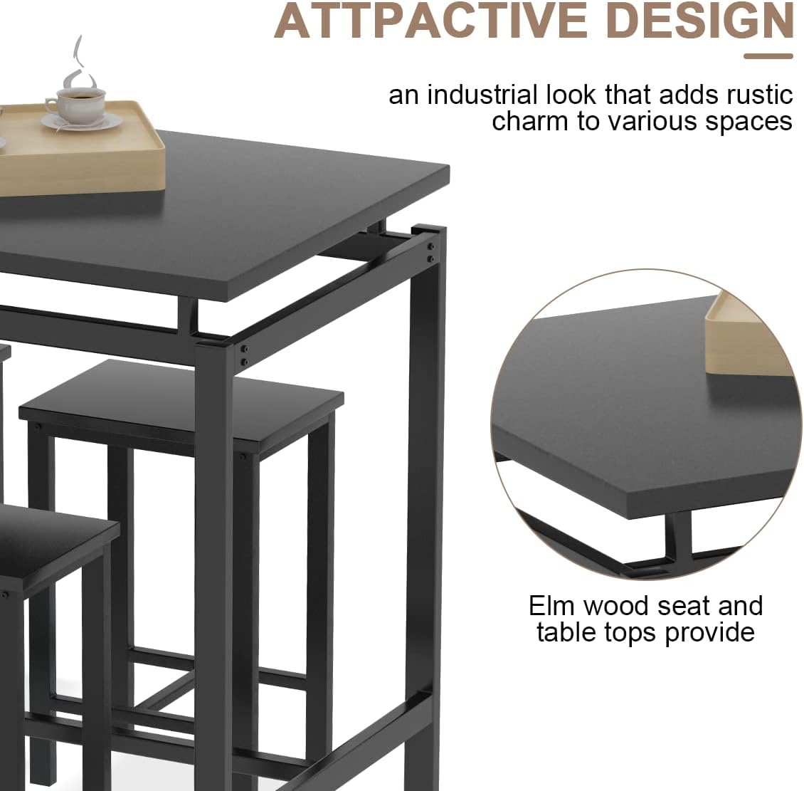 5 Pieces Dining Table Set for 4,Black Bar Table Set with 4 Bar Stools Counter Height Bar