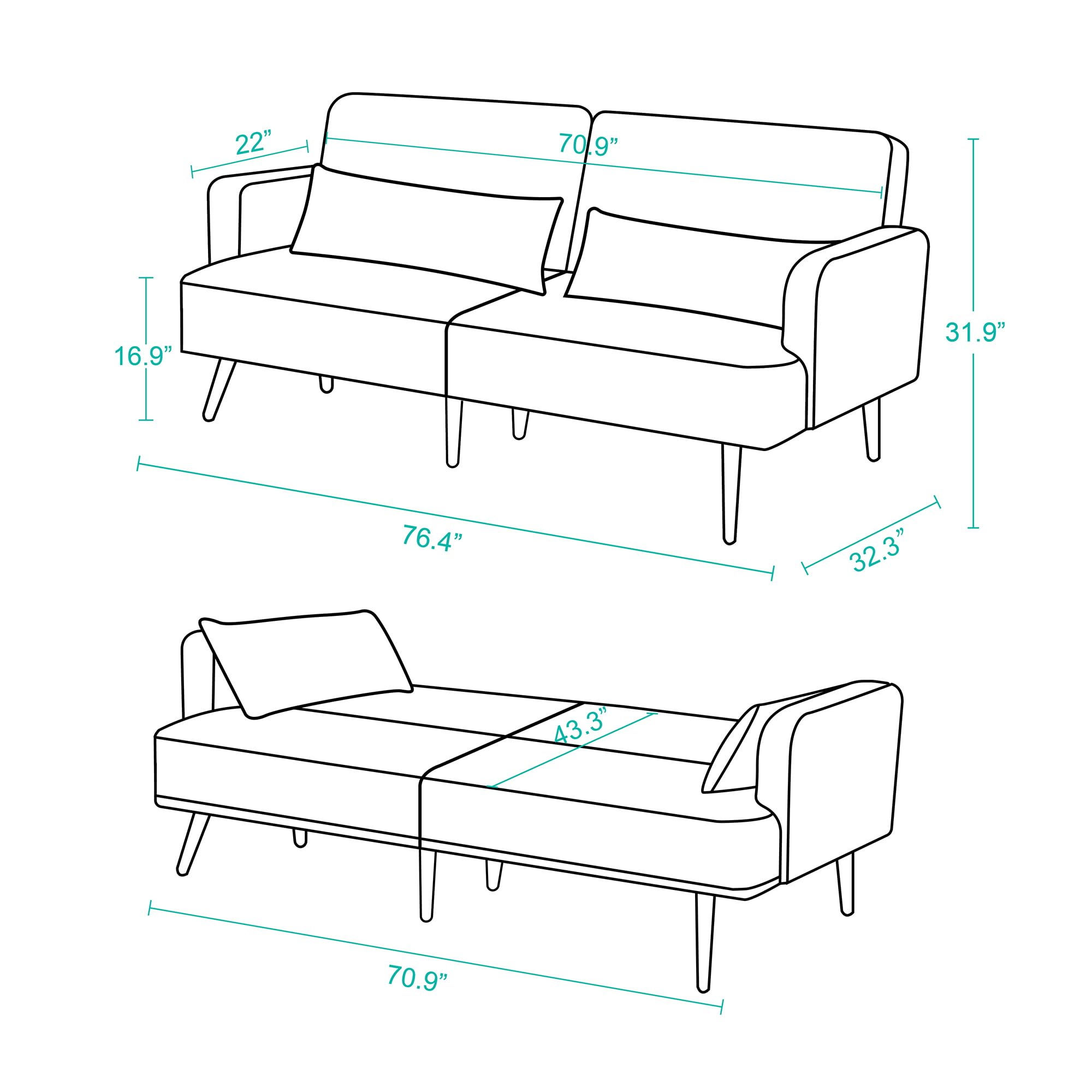 Home Series Mid-Century Modern 76.38'' Upholstered Convertible 3-Seater Sofa