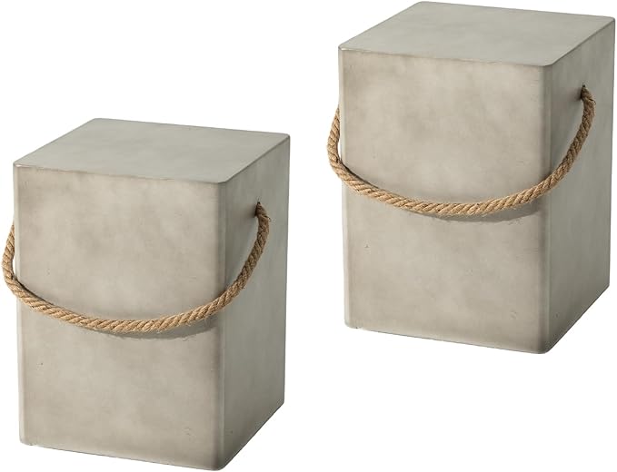 Outdoor Shaped Side Table with Concrete Top & Hemp Rope Handles, 17'' Patio Accent Table