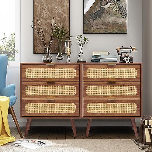 RARZOE 2 Sets of Rattan Nightstand Dresser Chest of 3 Drawers, Wood Storage Dresser Cabinet Organizer Unit for Bedroom Living Room Closet Office(Natural)