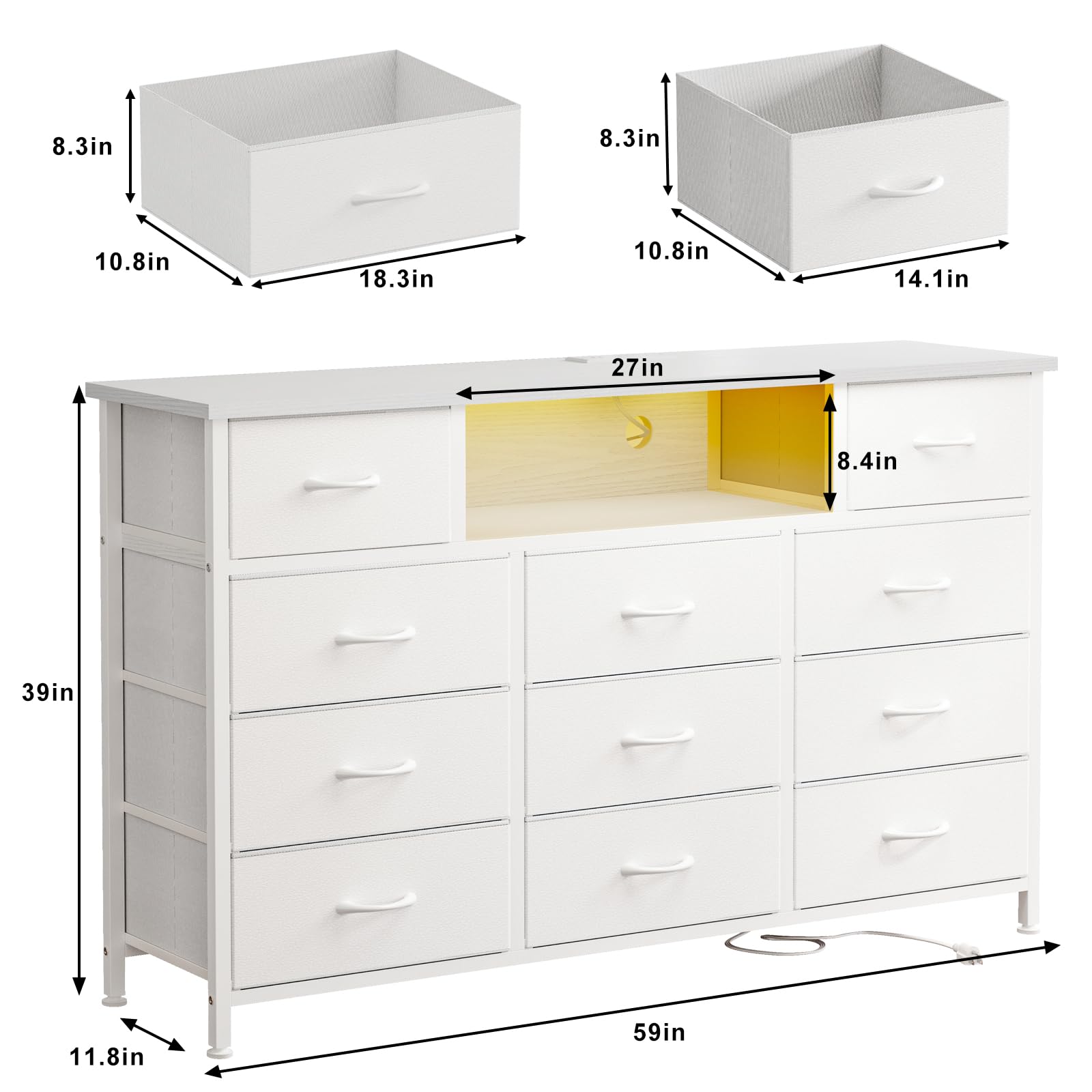 YGEOMER Long Dresser for Bedroom 65inch TV Stand with Charging Station and LED Lights, White Dresser with 11 Drawers, Fabric Chest of Drawers with PU Finish for Bedroom, Entryway