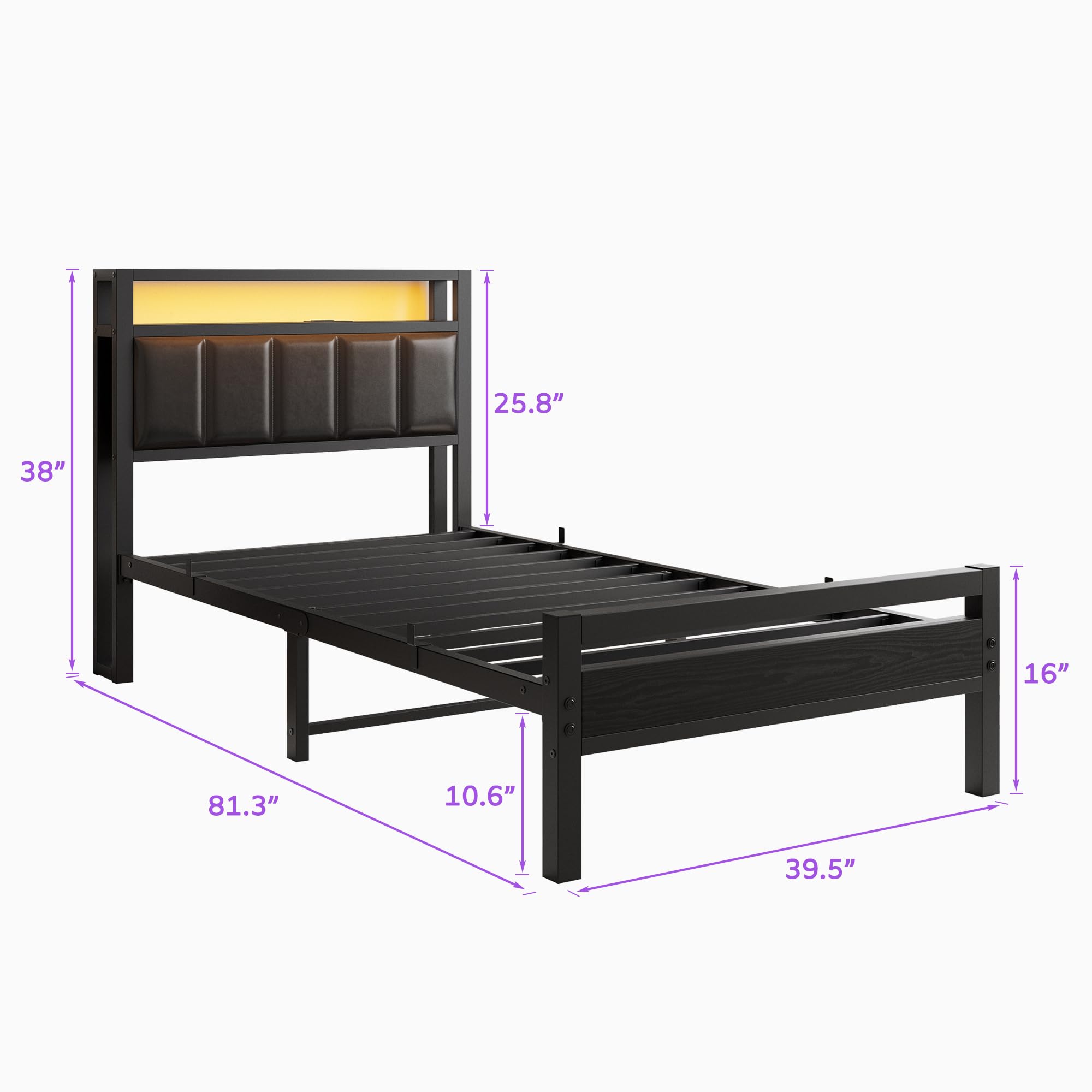 Twin Bed Frame with Charging Station & LED Lights