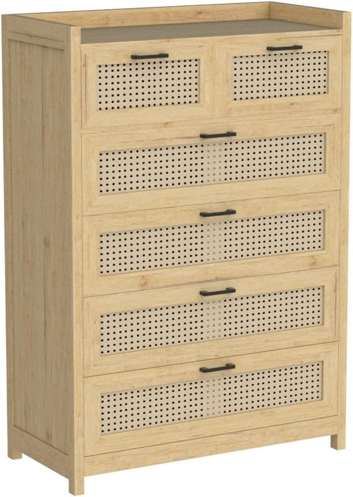 6 Drawer Dresser for Bedroom, Natural Rattan Wood Dressers with Led Light,