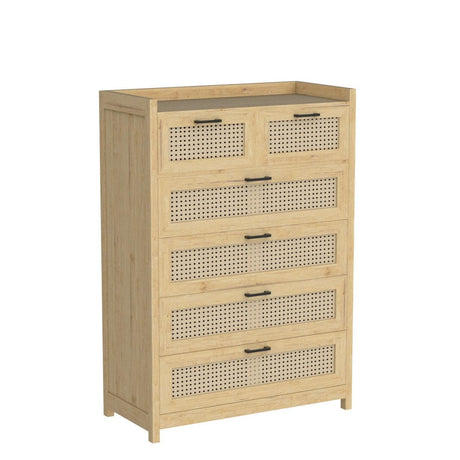 6 Drawer Dresser for Bedroom, Natural Rattan Wood Dressers with Led Light,