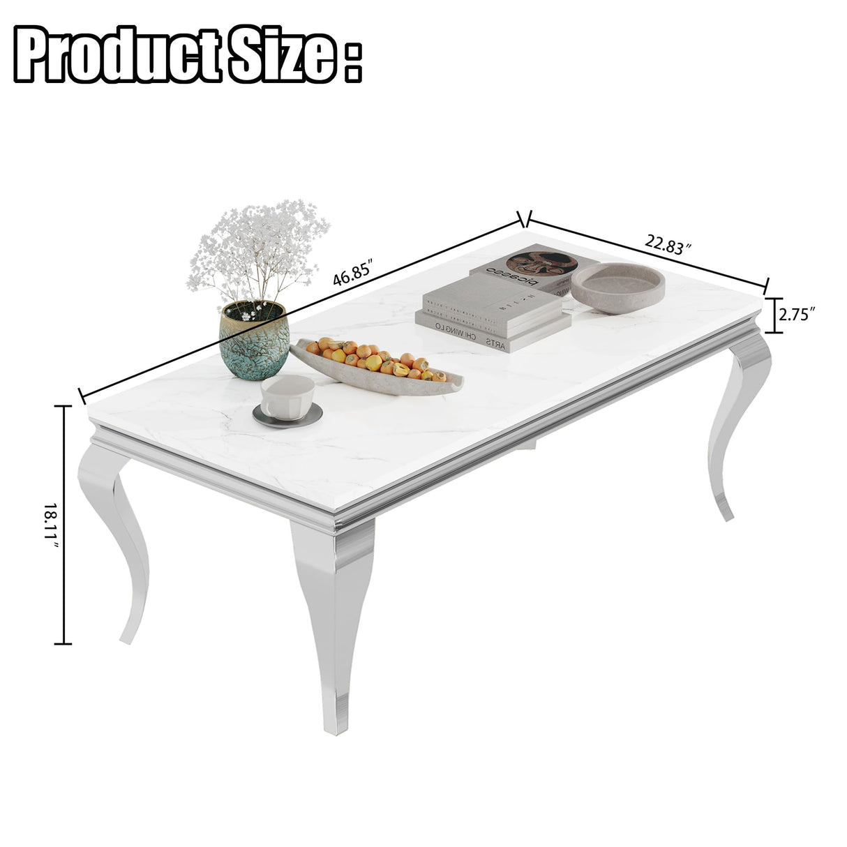 47" Marble Coffee Table, Modern Faux White Marble Coffee Table with Stainless Steel Legs