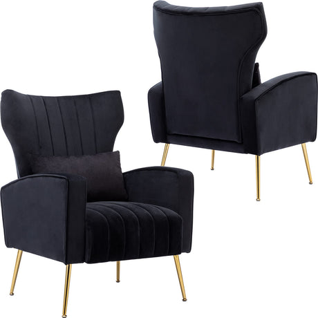 Room Accent Chairs Set of 2 Comfy Upholstered Wingback Bedroom Arm Chair with Golden Legs & Lumbar Pillow, Modern Chair for Dorms Reading Reception Waiting Room, Black