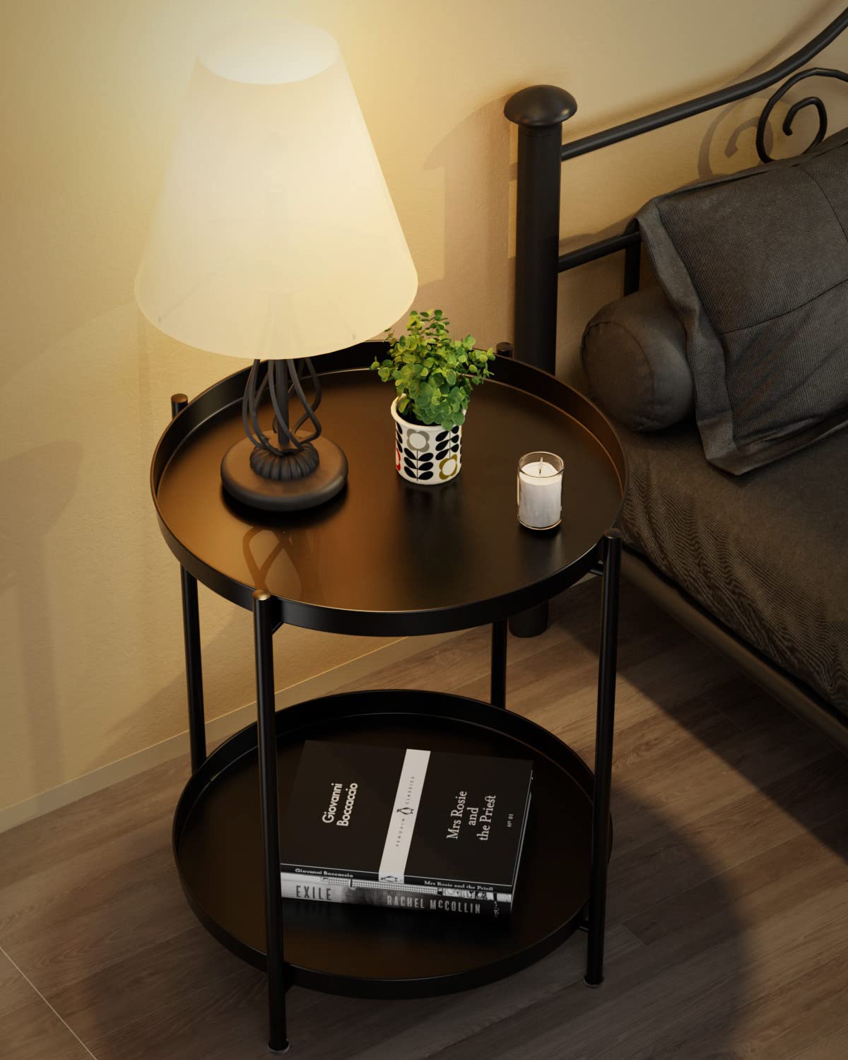 Tier End Table - Metal Side Table Waterproof Small Sofa Coffee Side Tables Bedroom Indoor Outdoor with Removable Tray for Living Room Bedroom Balcony and Office (Black)