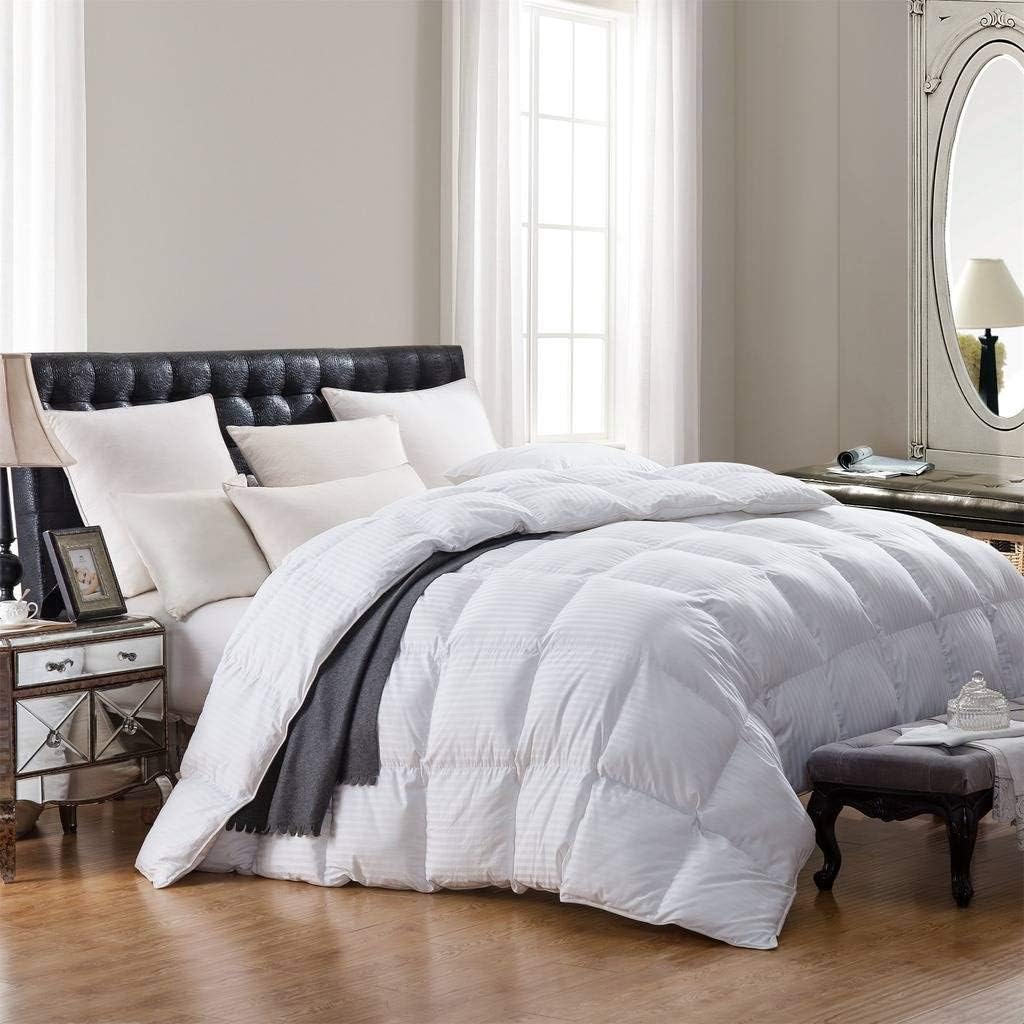 Size 1200 Thread-Count Siberian Goose Down Comforter, 100% Egyptian Cotton, White Stripe, 50Oz