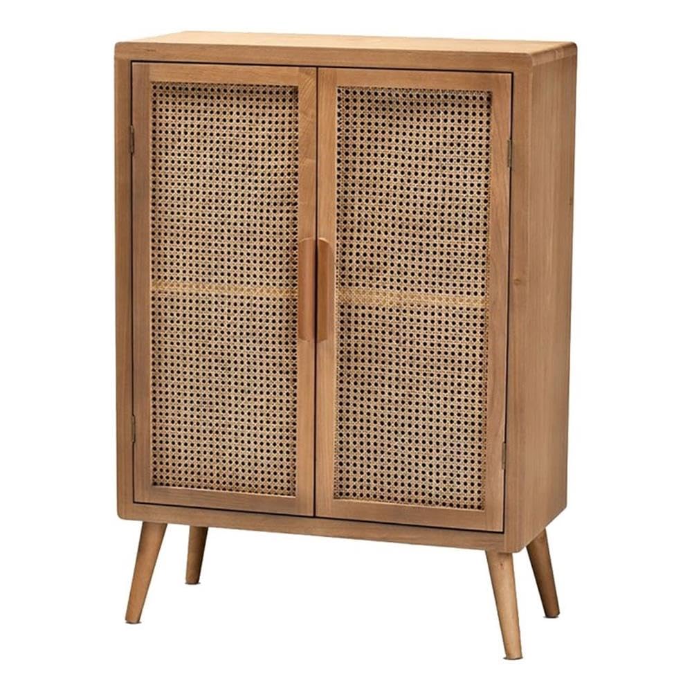 Mid-Century 2-Door Wood/Rattan Storage Cabinet in Oak