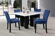 5-Piece Square Dining Set with White Faux Marble Top and Blue Upholstered Chairs